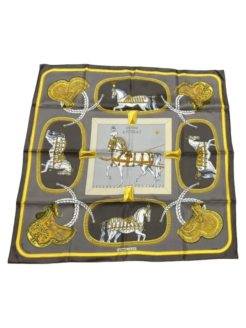 Hermes Grand Apparat Dressed Horse Carre 90 Silk Scarf Gray